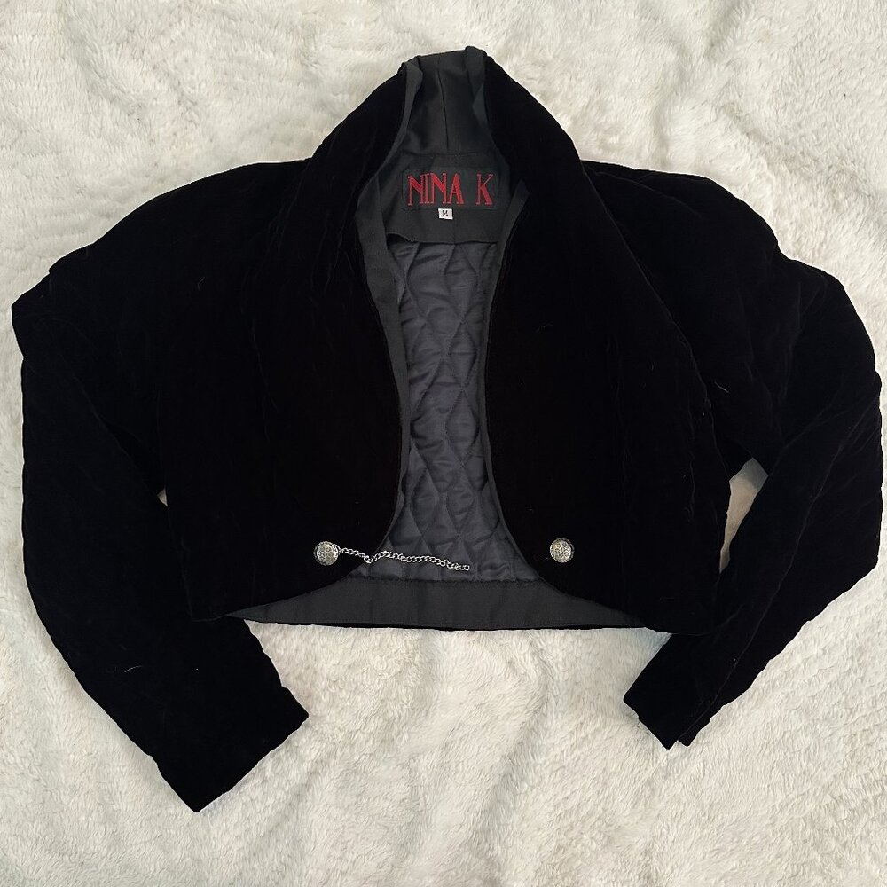 Vintage Nika K Black Cropped Blazer Jacket Goth Alt Velvet Medium Chain